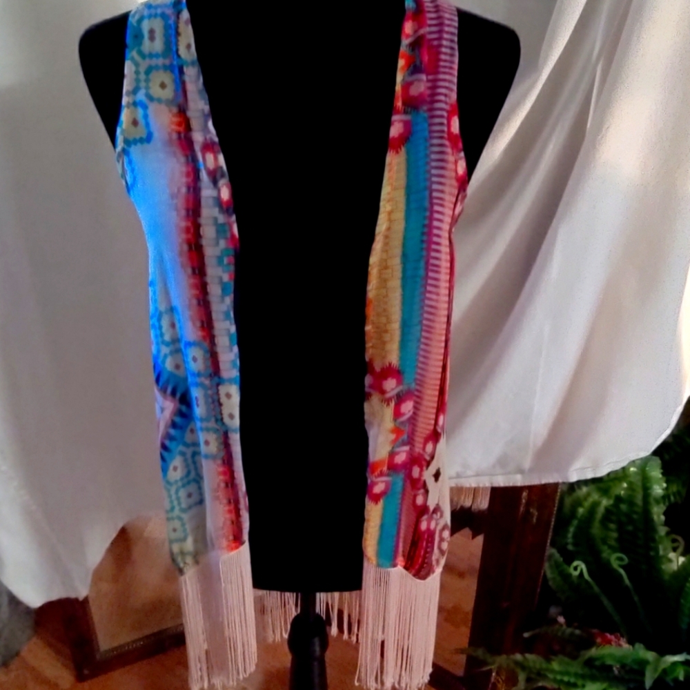 Boho Vintage Fringed Aztec Colorful Artistic Sheer Vest.